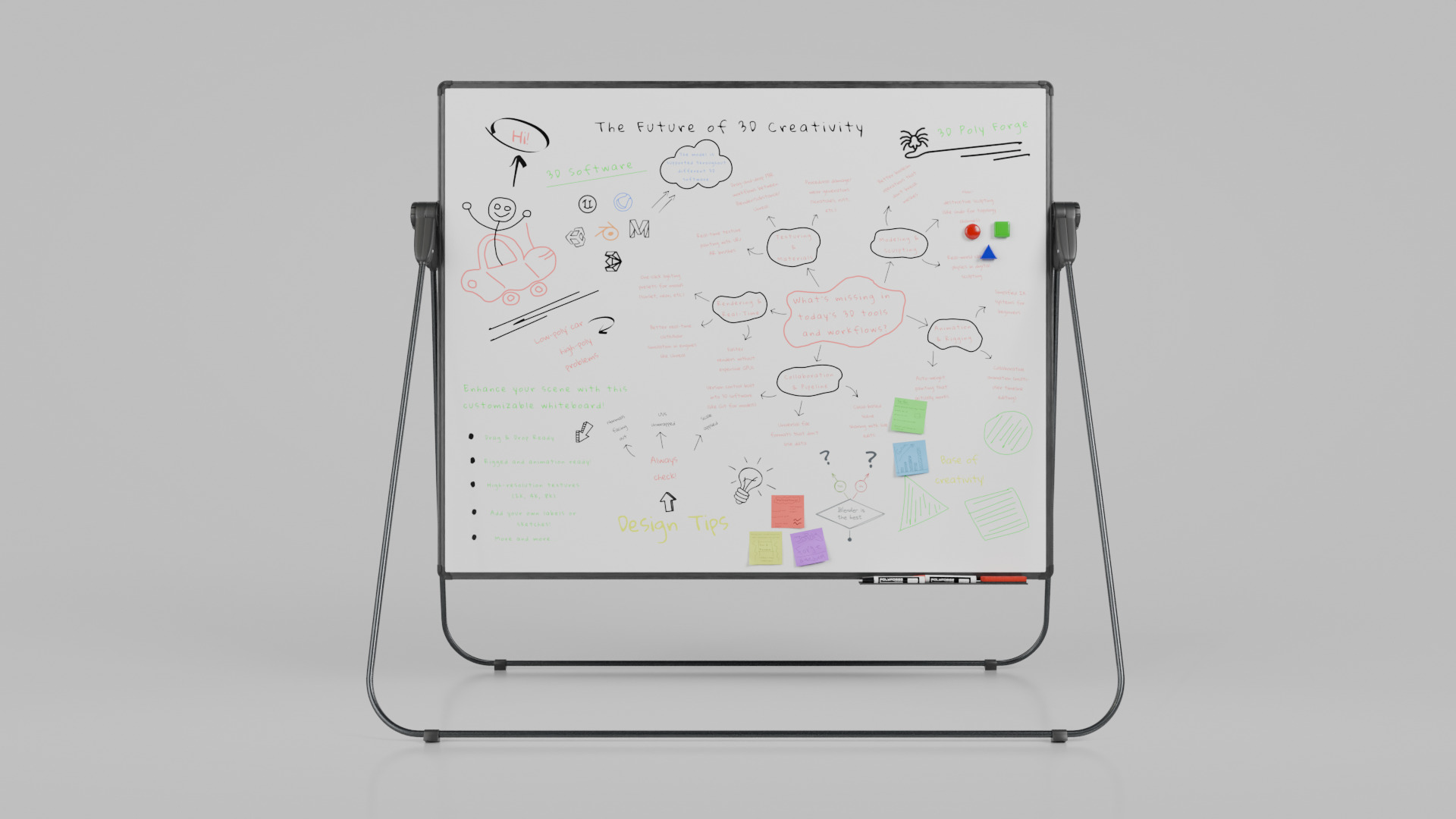 Customizable U-Stand Whiteboard Rectangular Writing Board Low-poly 3D model_4