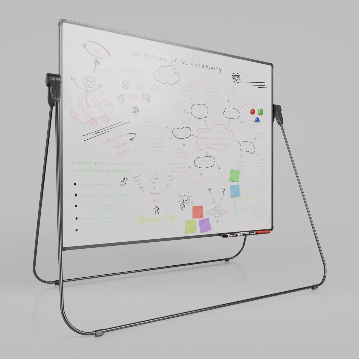 Customizable U-Stand Whiteboard Rectangular Writing Board Low-poly 3D model_0