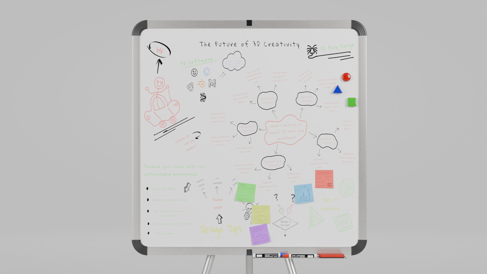 Customizable Metal Whiteboard with Stand - Square Writing Board Low-poly 3D model_9