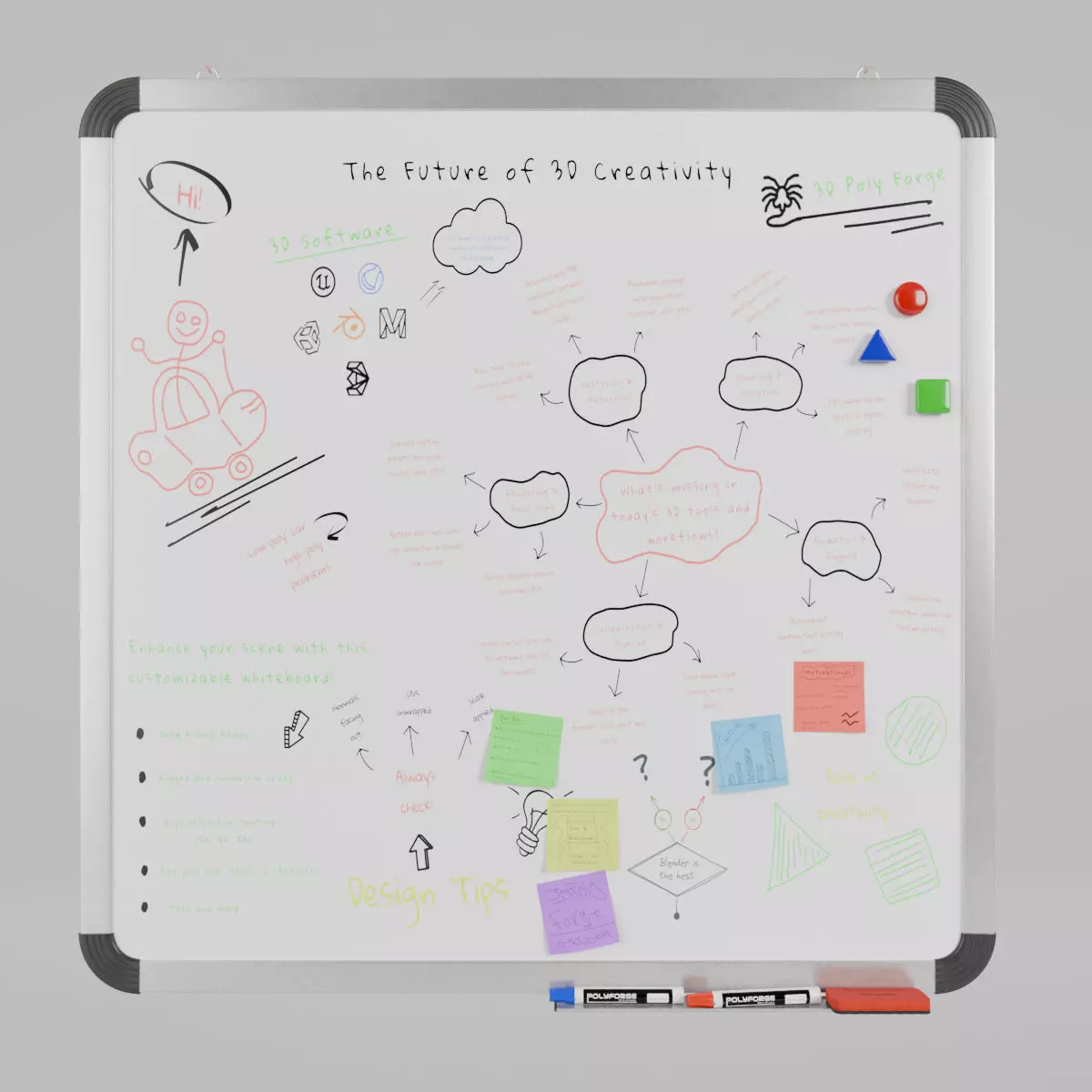 Customizable Wall-Mounted Whiteboard -Square Metal Writing Board Low-poly 3D model_0