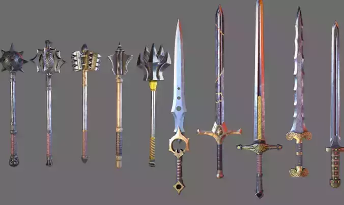 weapons  swords    axes and cones