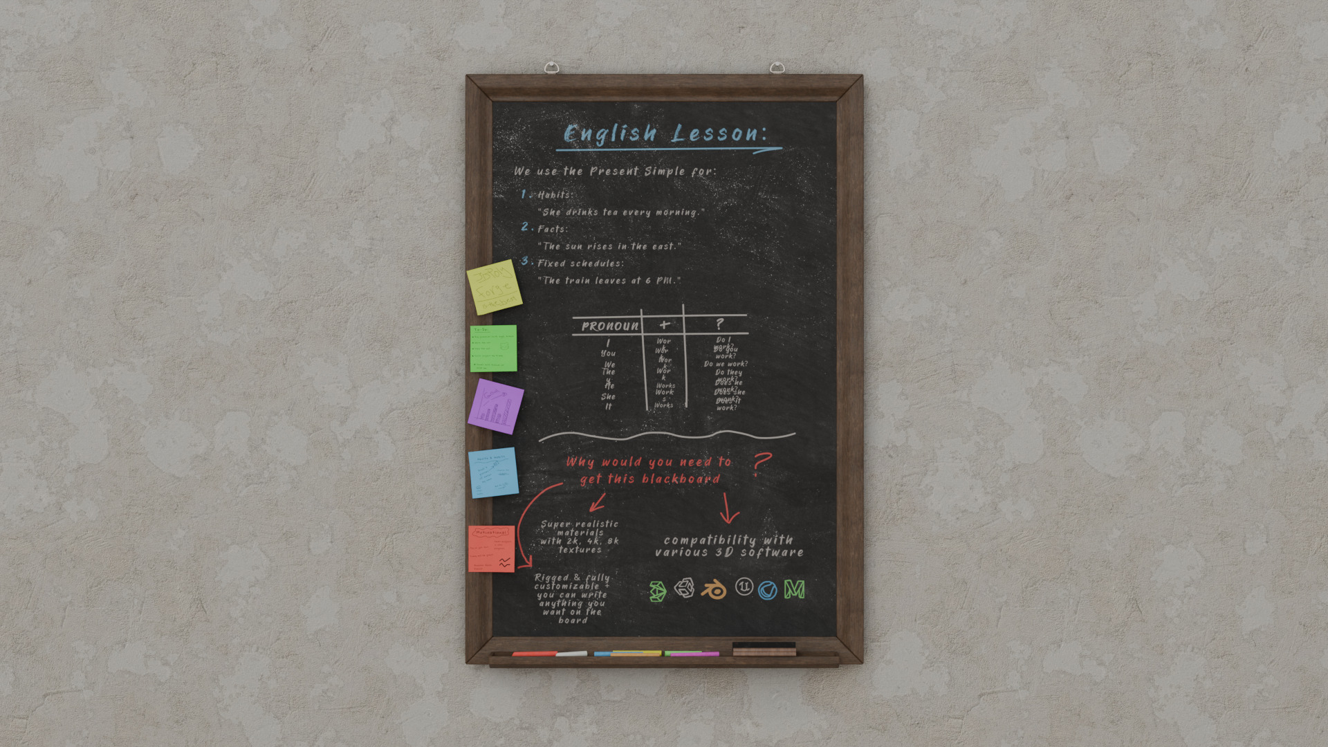 Customizable Wall-Mounted Blackboard - Tall Wooden Writing Board Low-poly 3D model_6