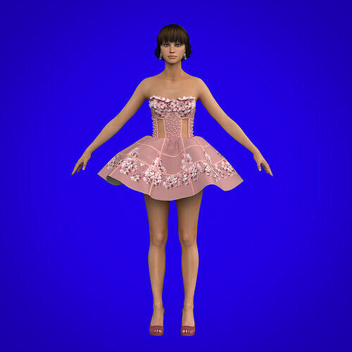 Romantic Floral Dress  Clo3D   Marvelous Project with Cage Skirt 3D model