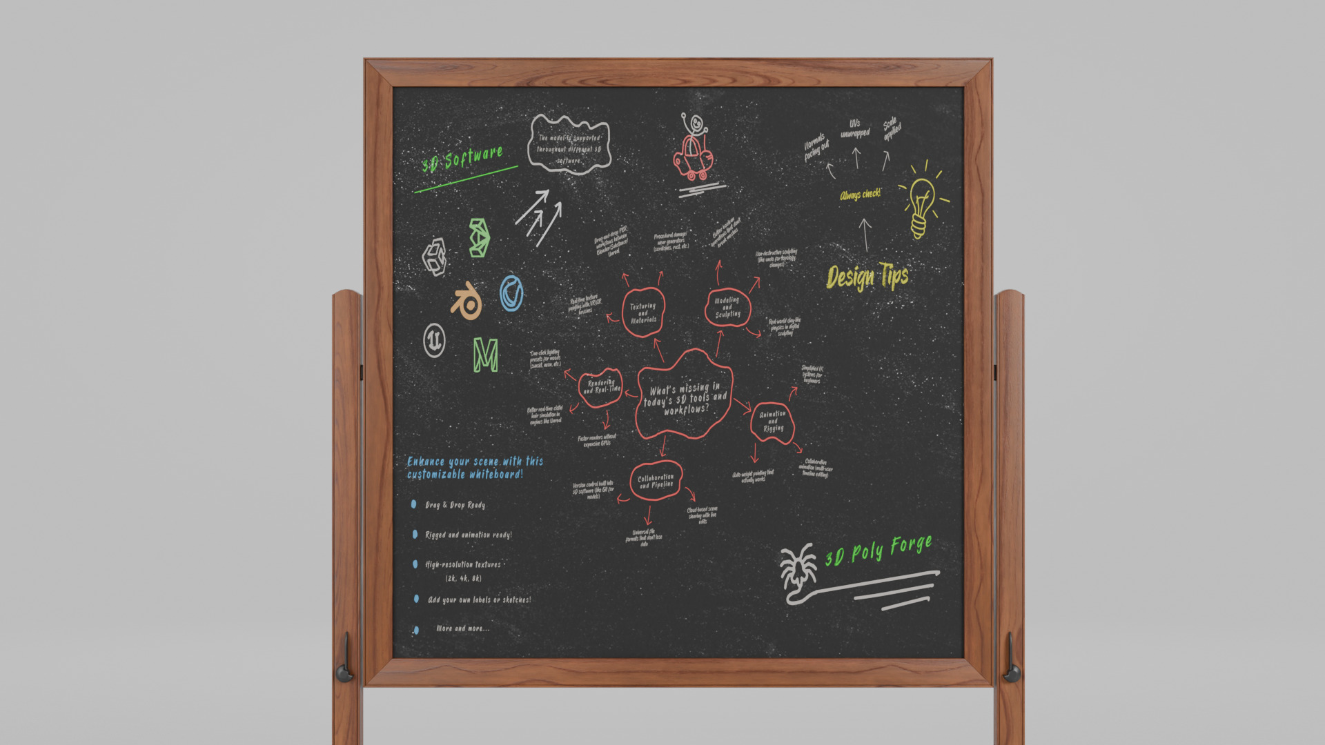 Customizable Double-Sided Wooden Blackboard Square Writing Board Low-poly 3D model_9