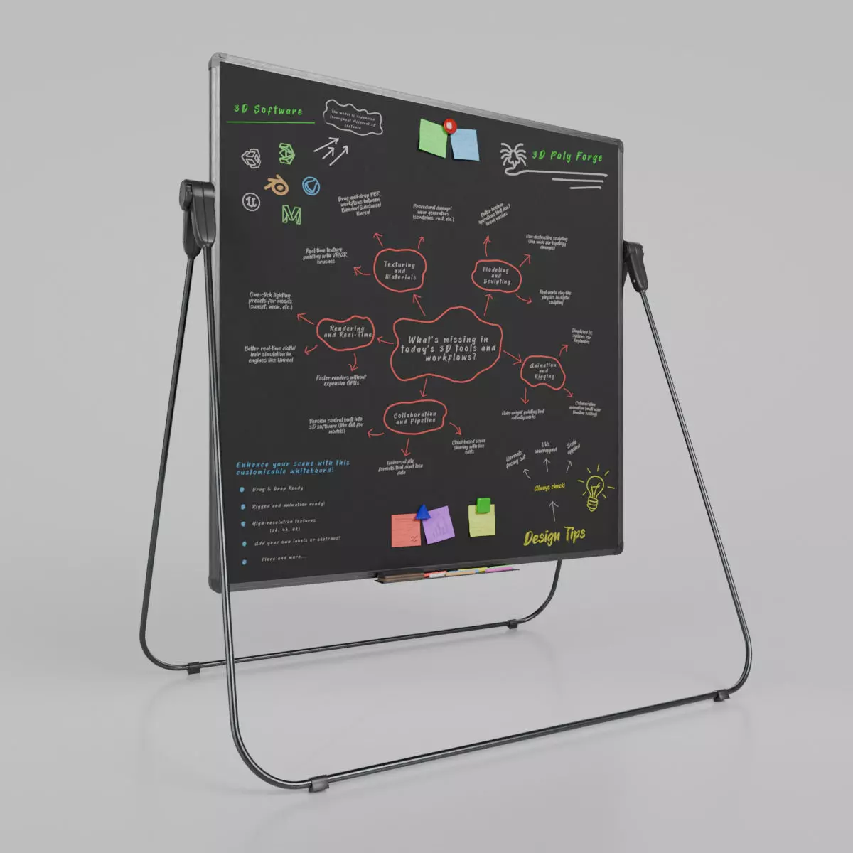 Customizable U-Stand Blackboard Square Writing Board Low-poly 3D model_0