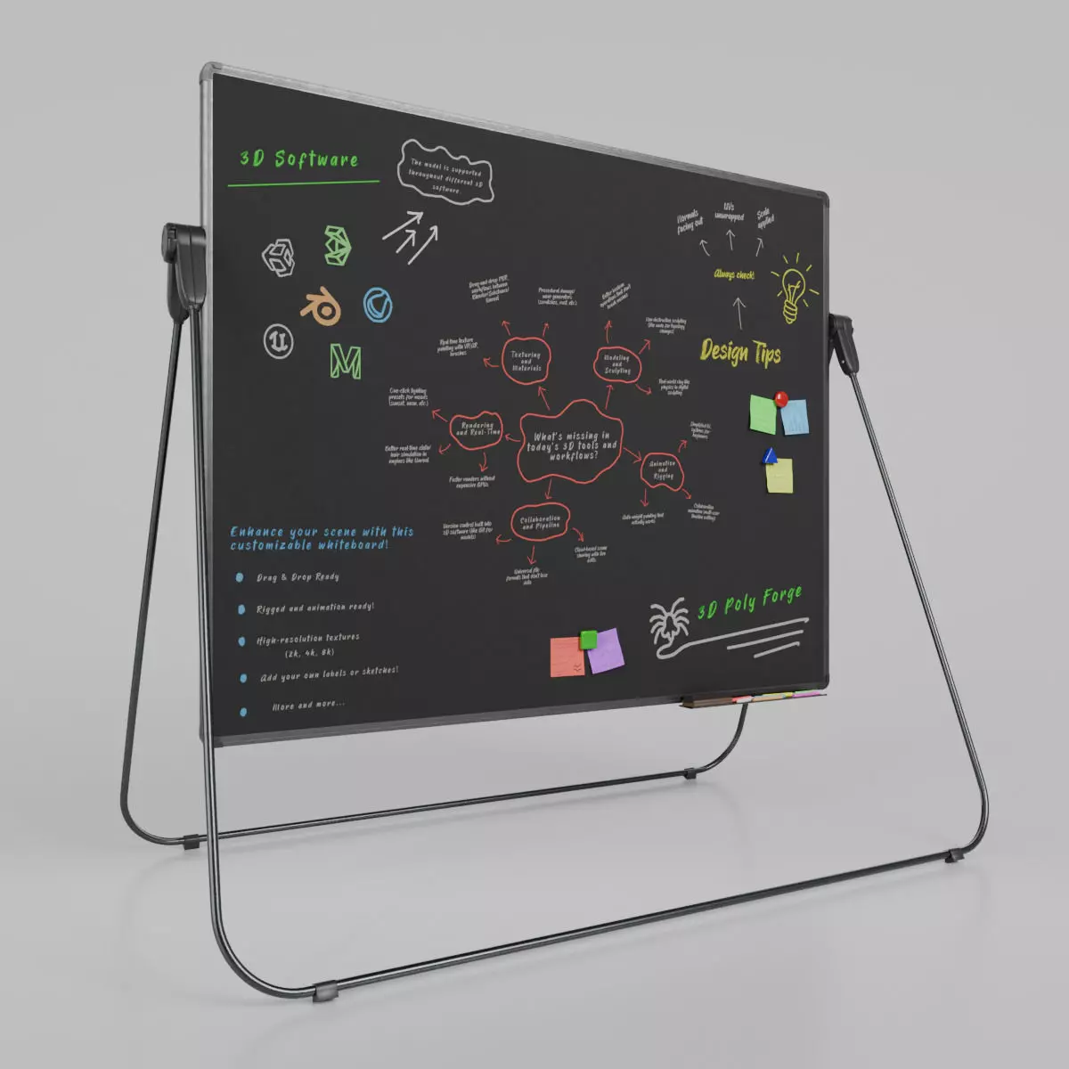 Customizable U-Stand Blackboard Rectangular Writing Board Low-poly 3D model_0