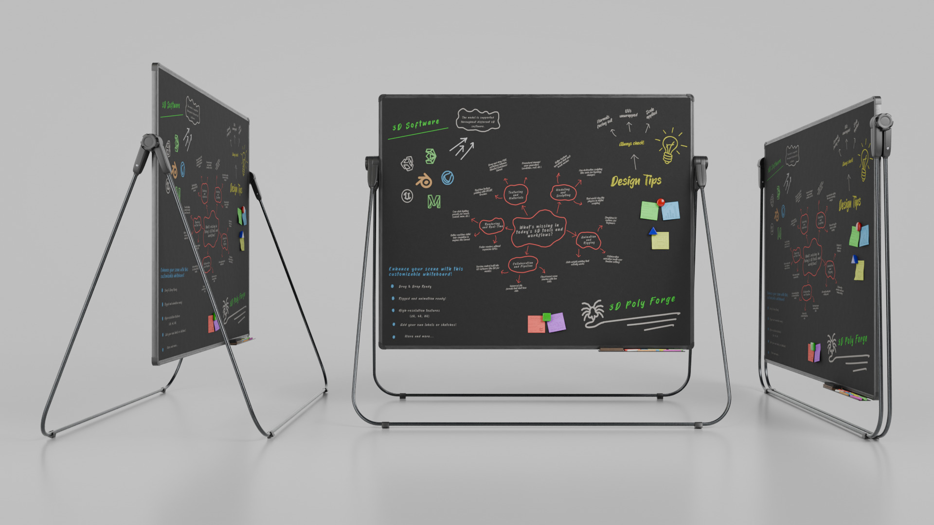 Customizable U-Stand Blackboard Rectangular Writing Board Low-poly 3D model_11