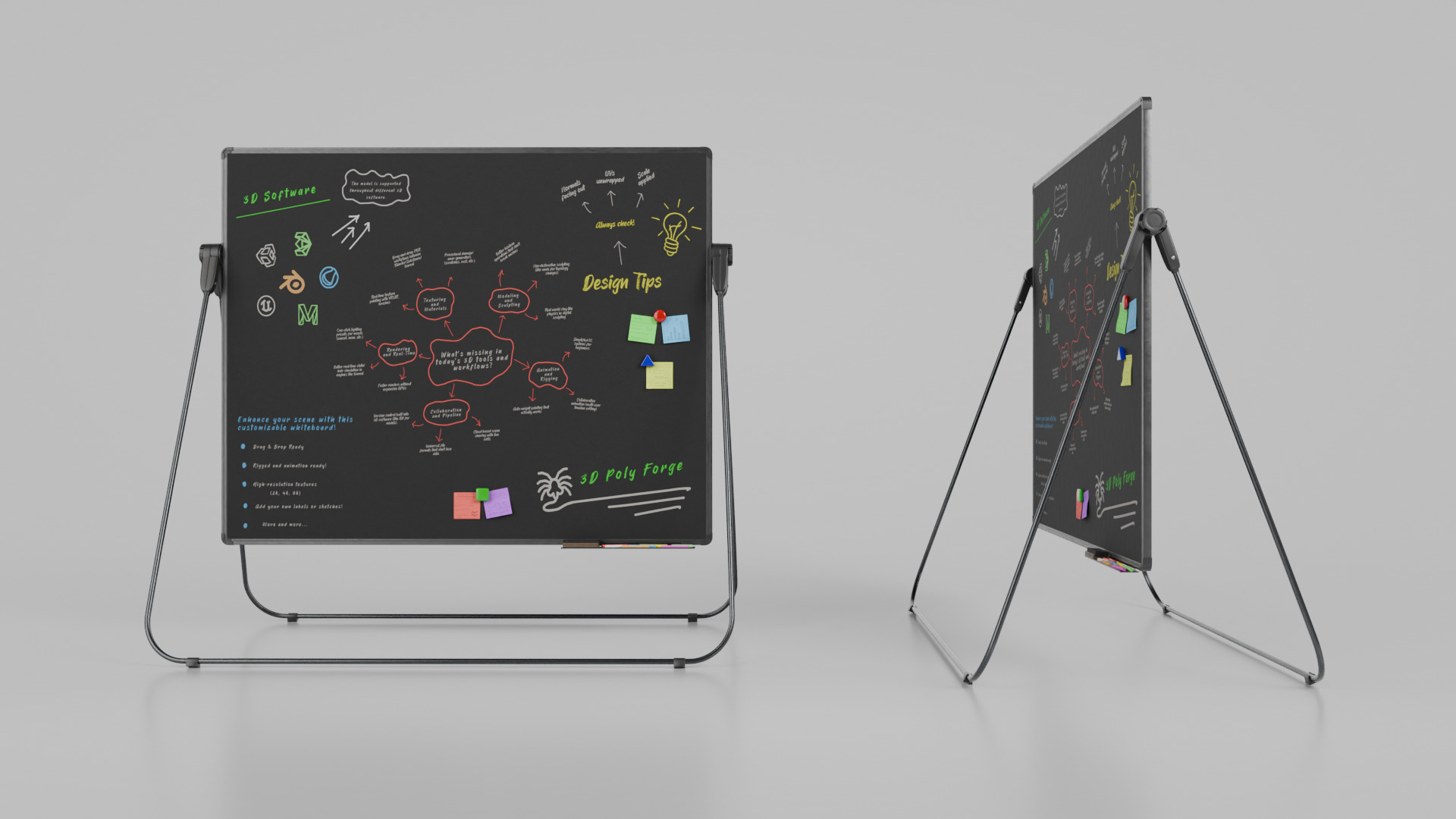 Customizable U-Stand Blackboard Rectangular Writing Board Low-poly 3D model_6