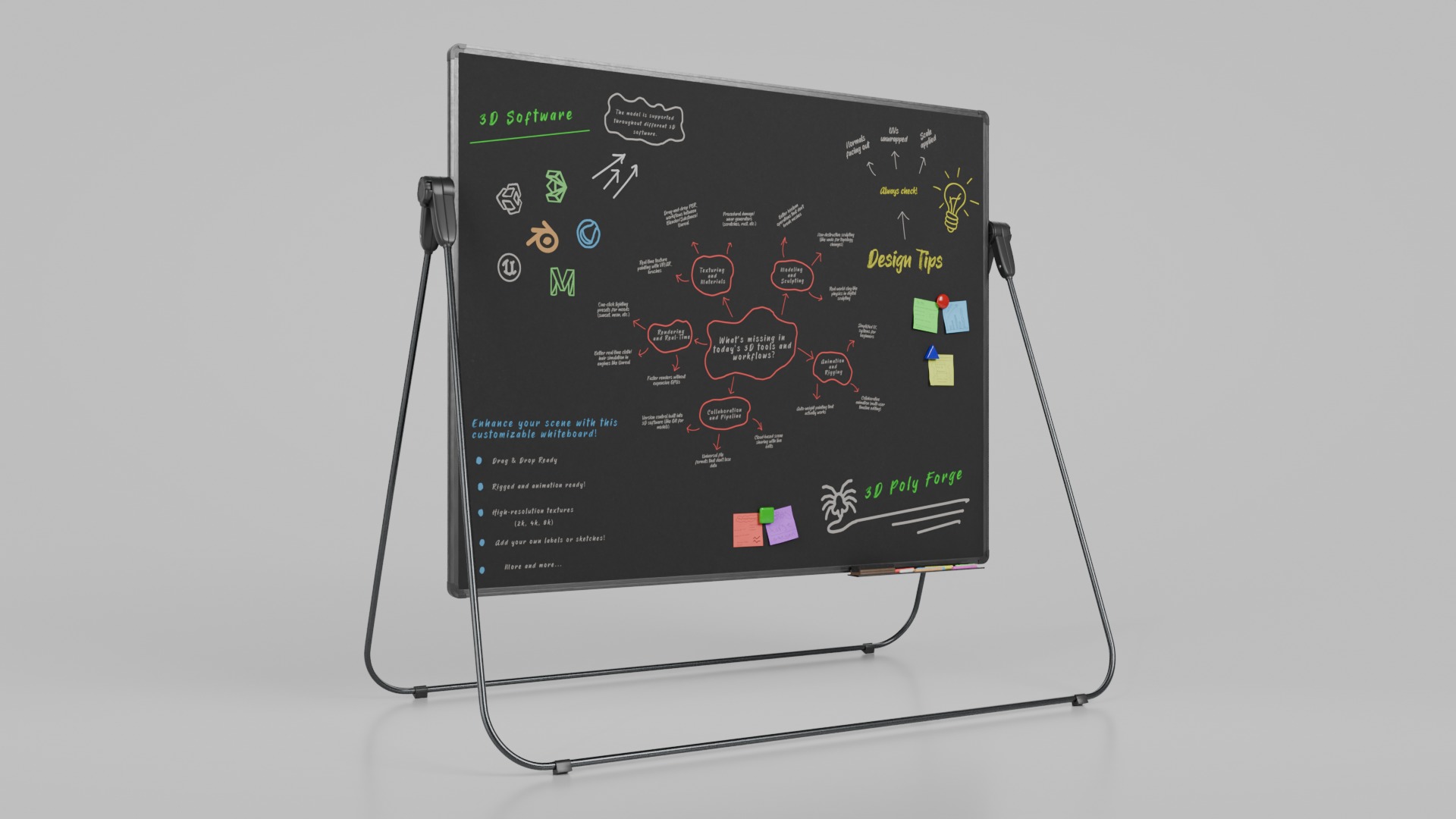 Customizable U-Stand Blackboard Rectangular Writing Board Low-poly 3D model_2