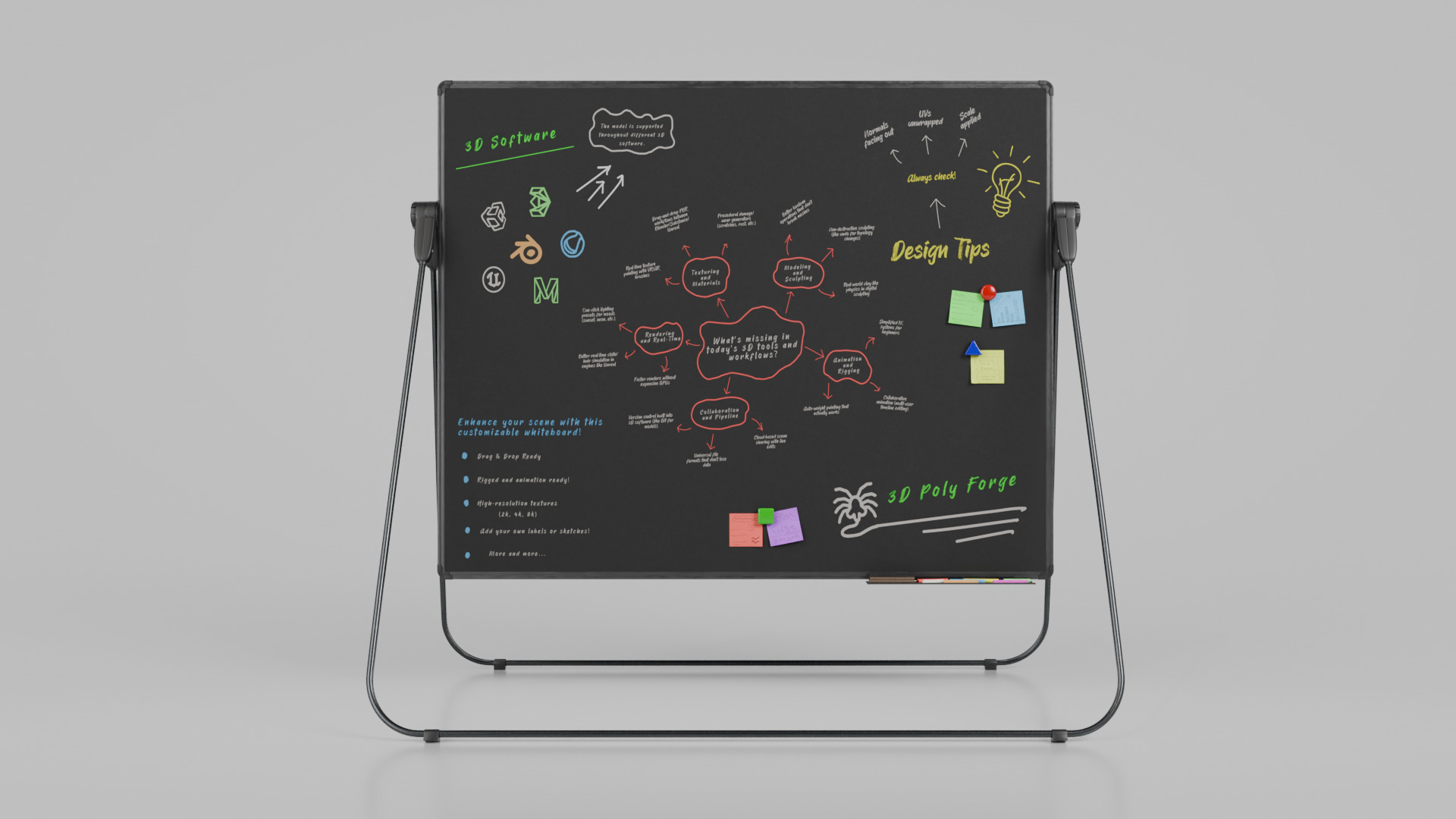 Customizable U-Stand Blackboard Rectangular Writing Board Low-poly 3D model_4