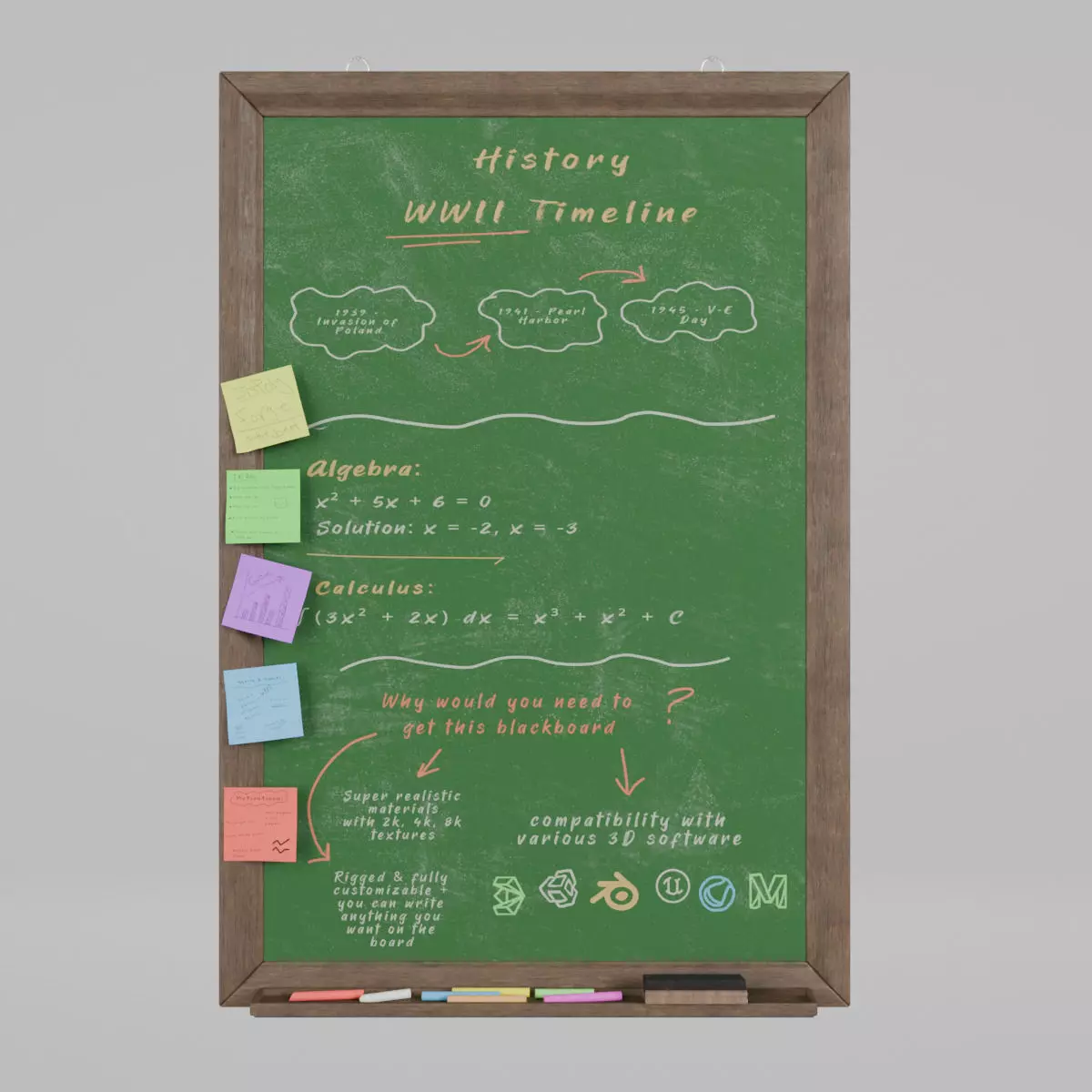 Customizable Wall-Mounted Greenboard - Tall Wooden Writing Board Low-poly 3D model