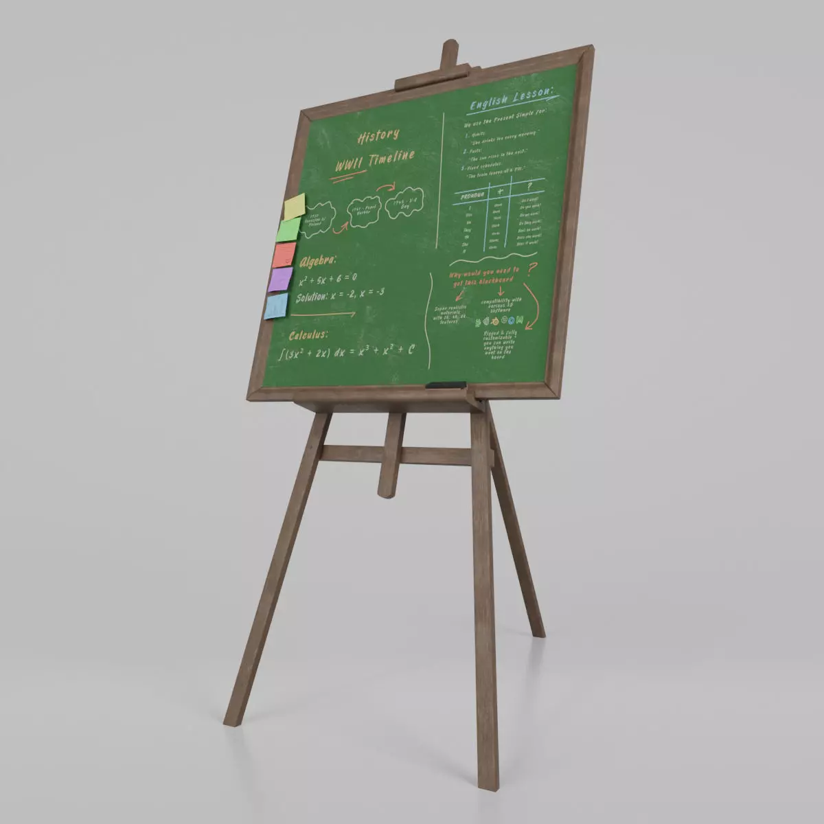 Customizable Wooden Greenboard with Stand - Square Writing Board Low-poly 3D model_0
