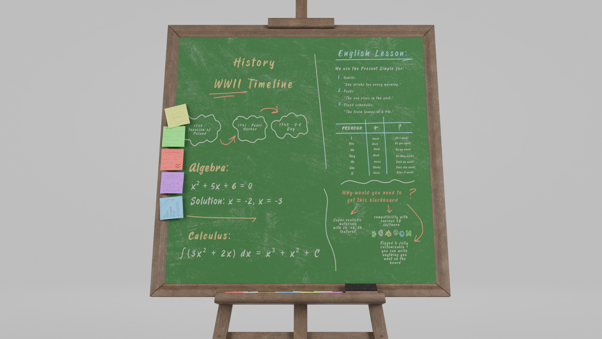 Customizable Wooden Greenboard with Stand - Square Writing Board Low-poly 3D model_10