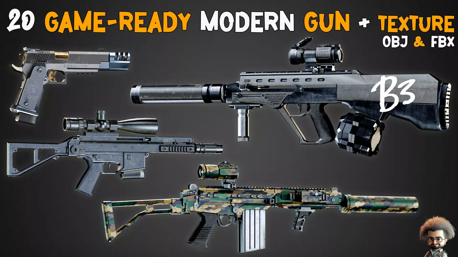 20 Game-Ready Modern Gun and Texture Vol 13 Low-poly 3D model_0