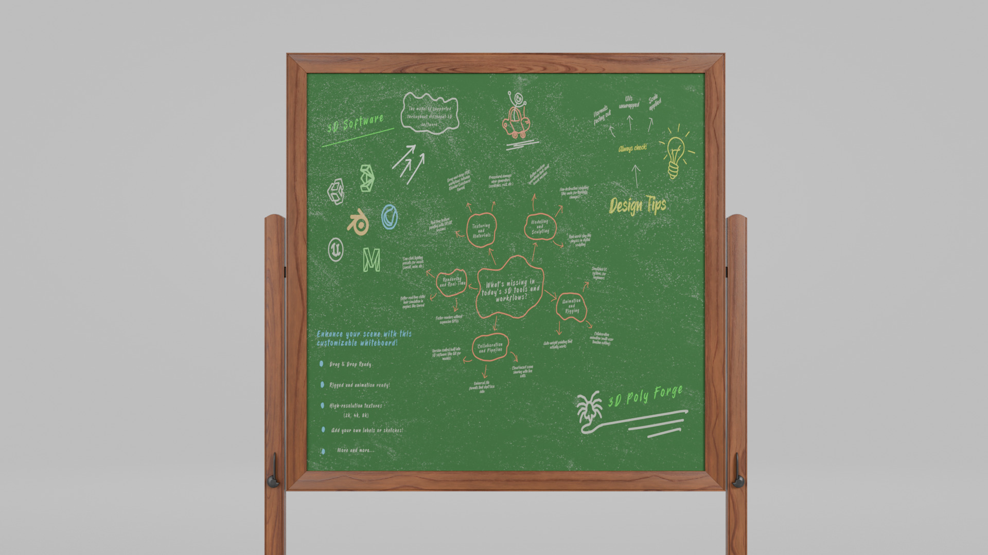Customizable Double-Sided Wooden Greenboard Square Writing Board Low-poly 3D model_9