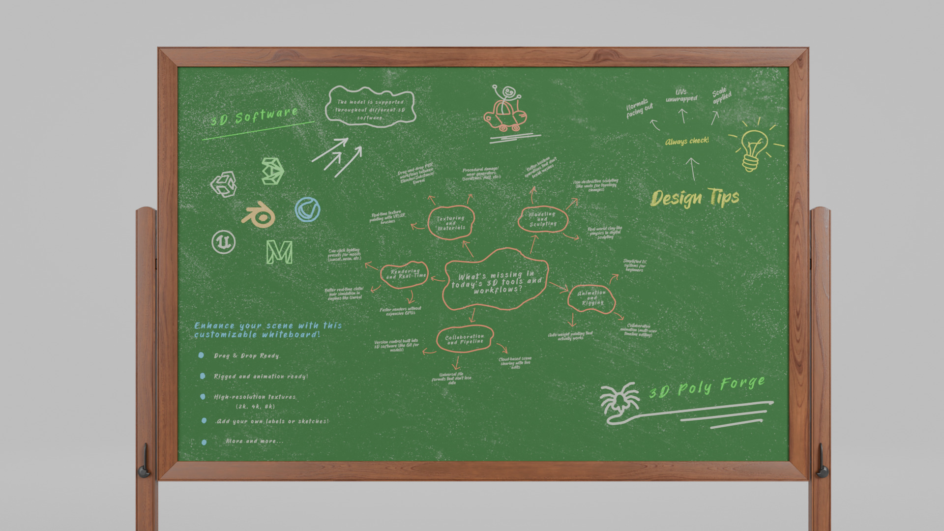 Customizable Double-Sided Wooden Greenboard Writing Board Low-poly 3D model_8