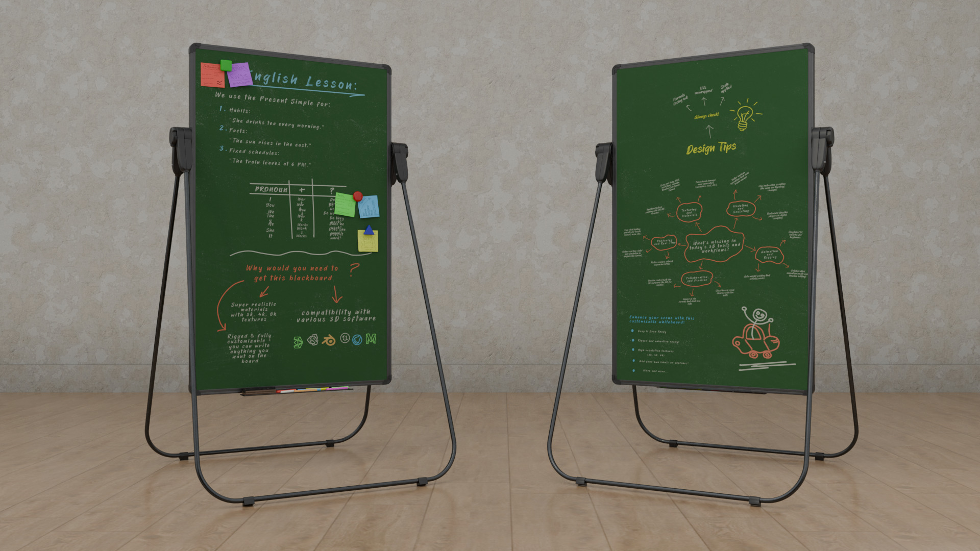 Customizable U-Stand Greenboard Tall Writing Board Low-poly 3D model_7