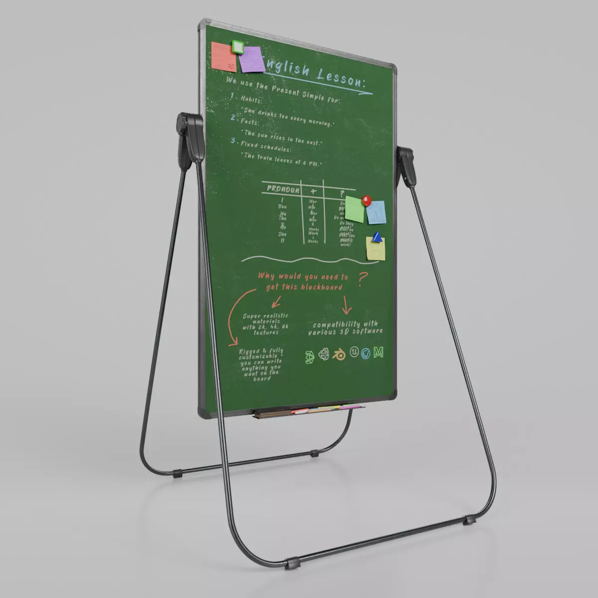 Customizable U-Stand Greenboard Tall Writing Board Low-poly 3D model_0