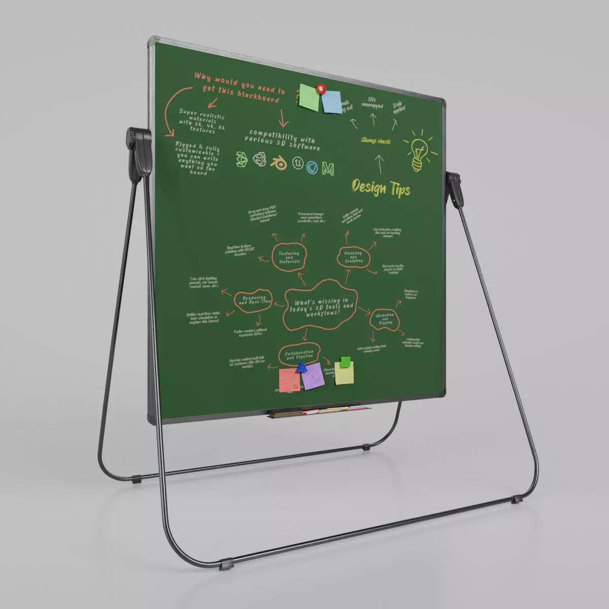 Customizable U-Stand Greenboard Square Writing Board Low-poly 3D model_0