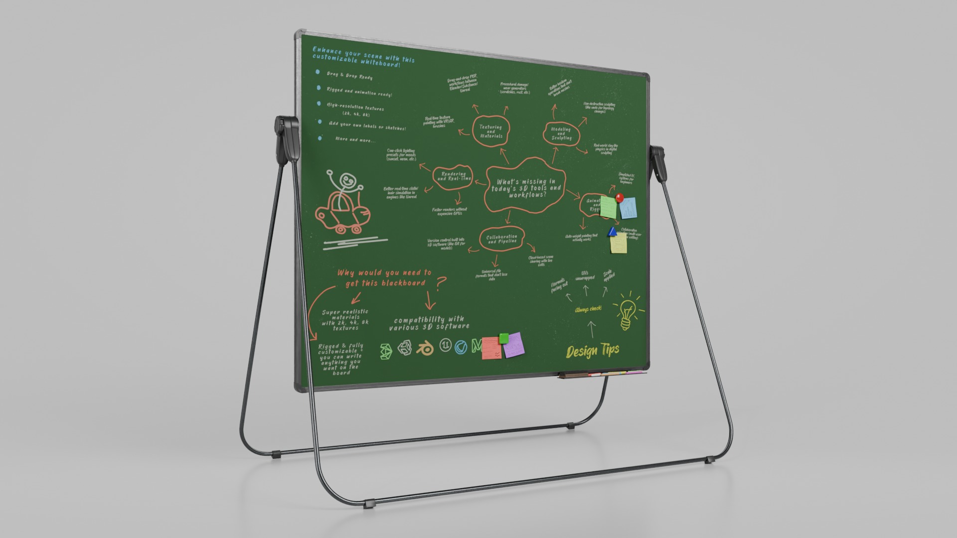 Customizable U-Stand Greenboard Rectangular Writing Board Low-poly 3D model_2