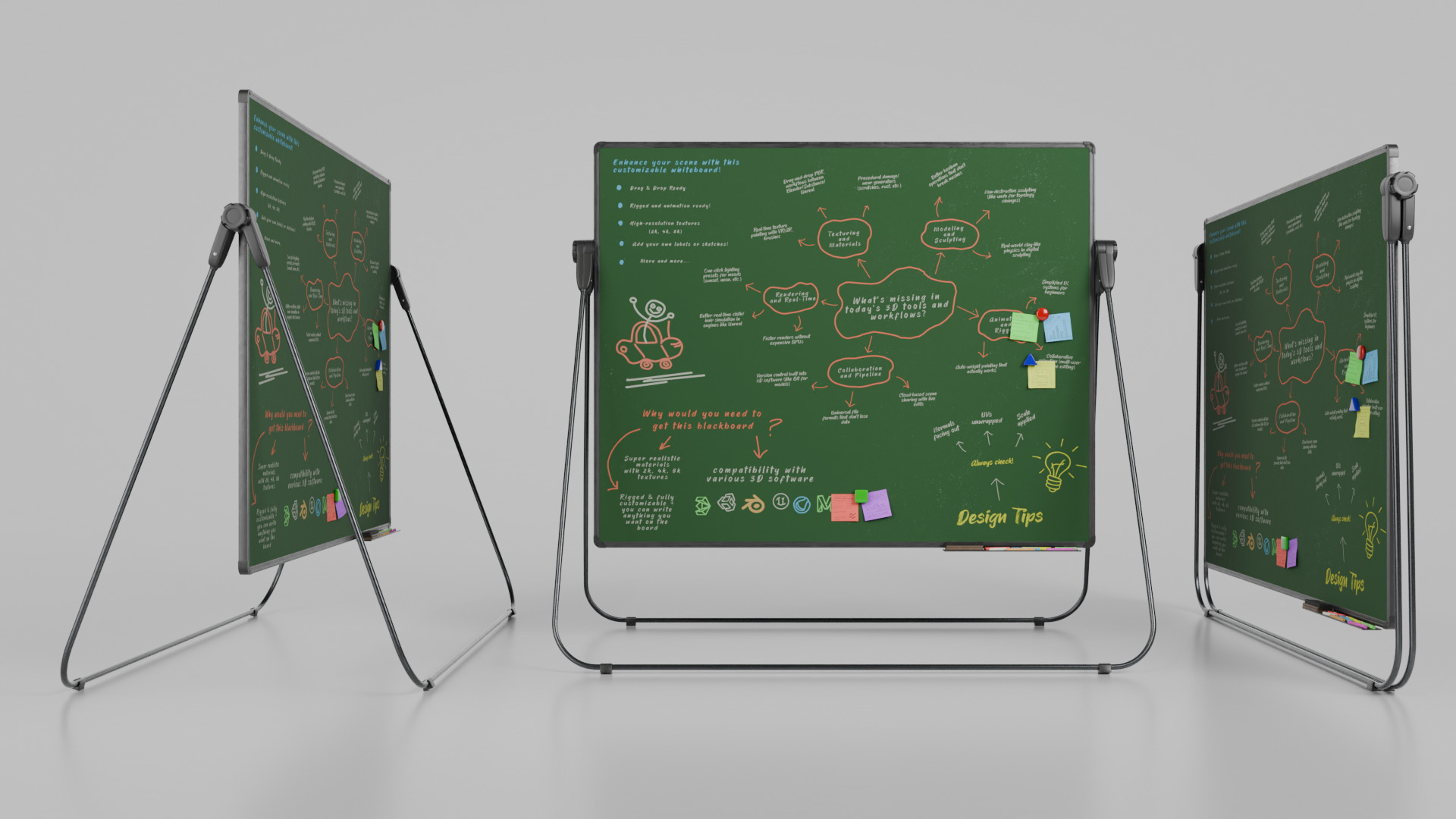 Customizable U-Stand Greenboard Rectangular Writing Board Low-poly 3D model_4