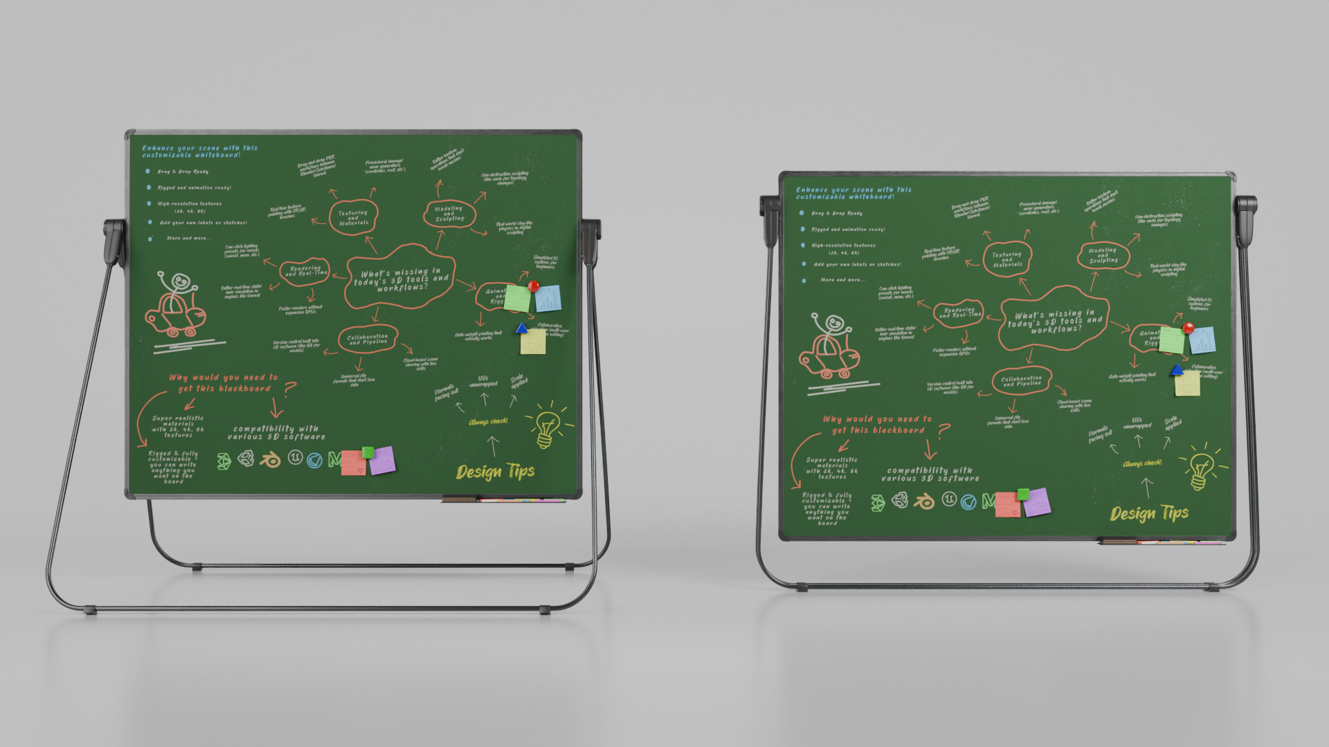 Customizable U-Stand Greenboard Rectangular Writing Board Low-poly 3D model_11