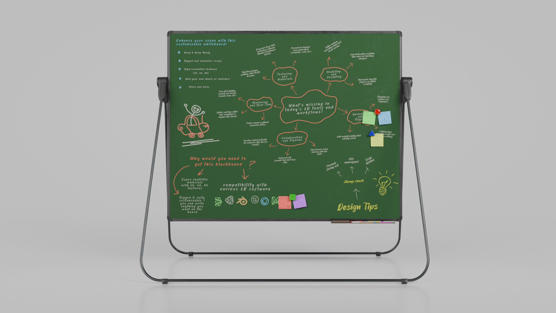 Customizable U-Stand Greenboard Rectangular Writing Board Low-poly 3D model_5