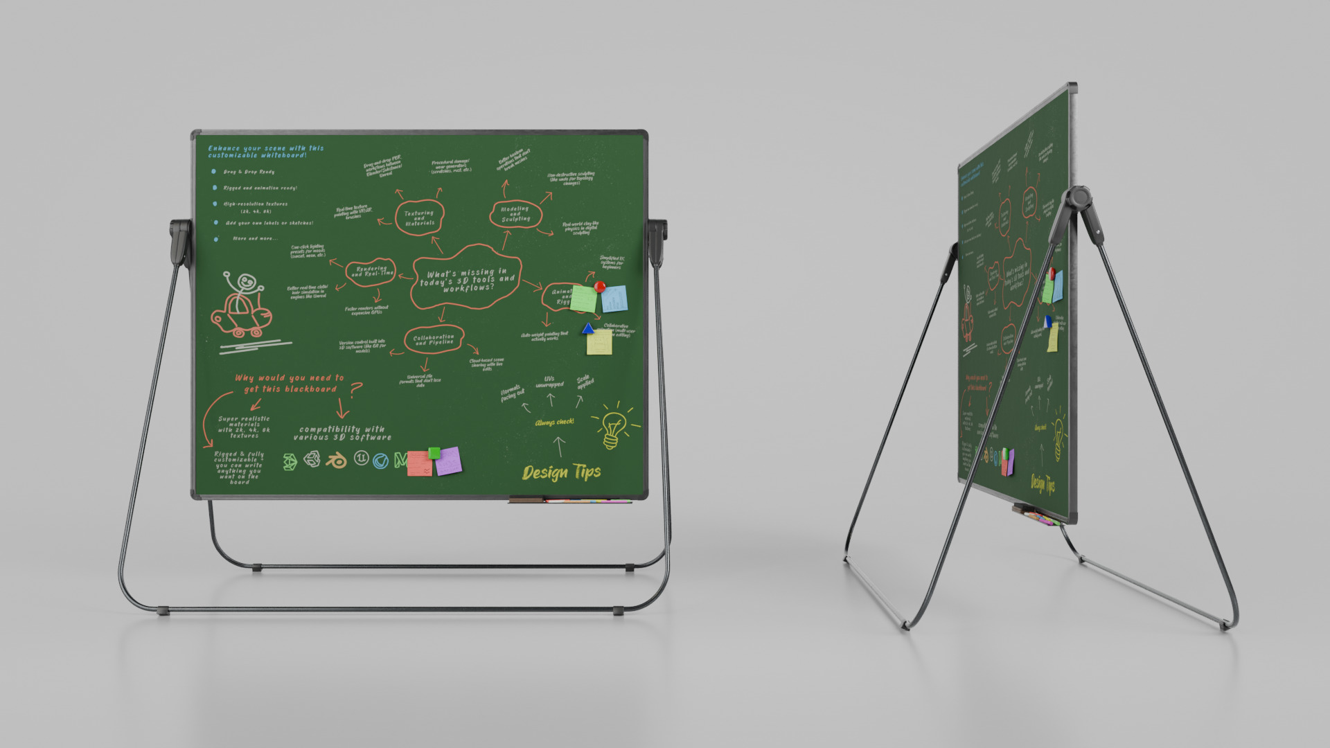 Customizable U-Stand Greenboard Rectangular Writing Board Low-poly 3D model_7