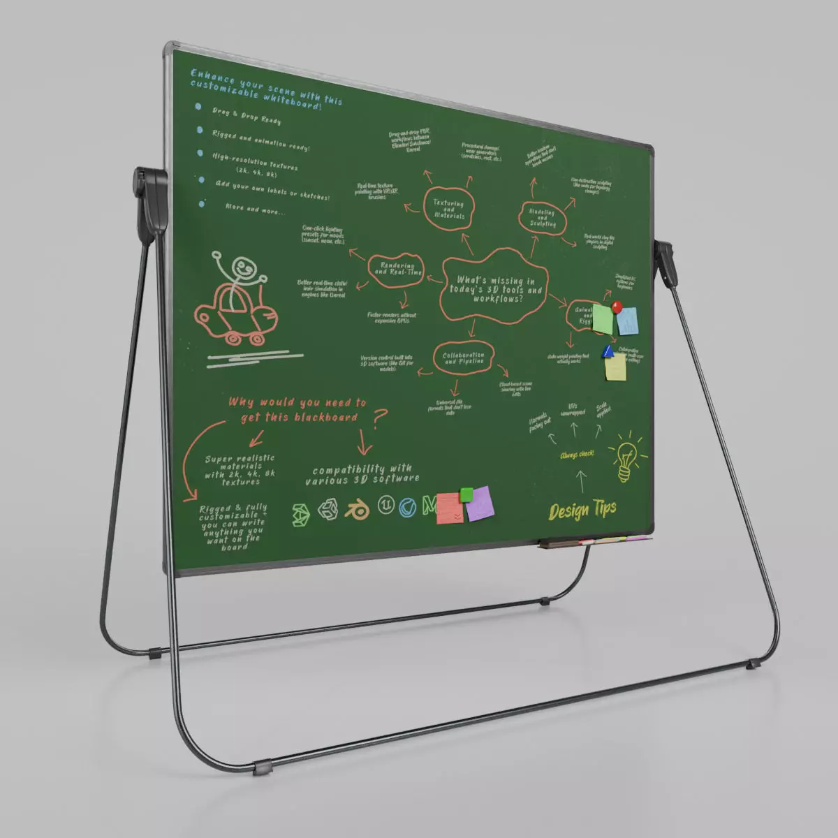 Customizable U-Stand Greenboard Rectangular Writing Board Low-poly 3D model_0