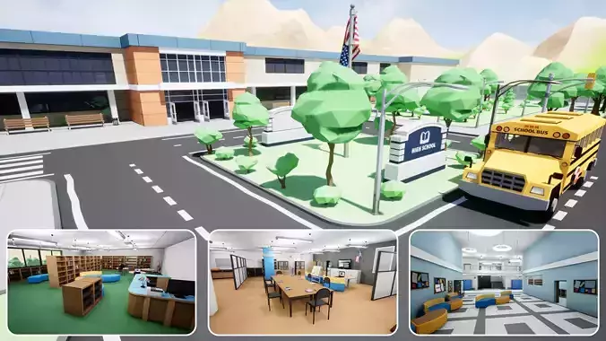 LowPoly School with Interiors Low-poly 3D model