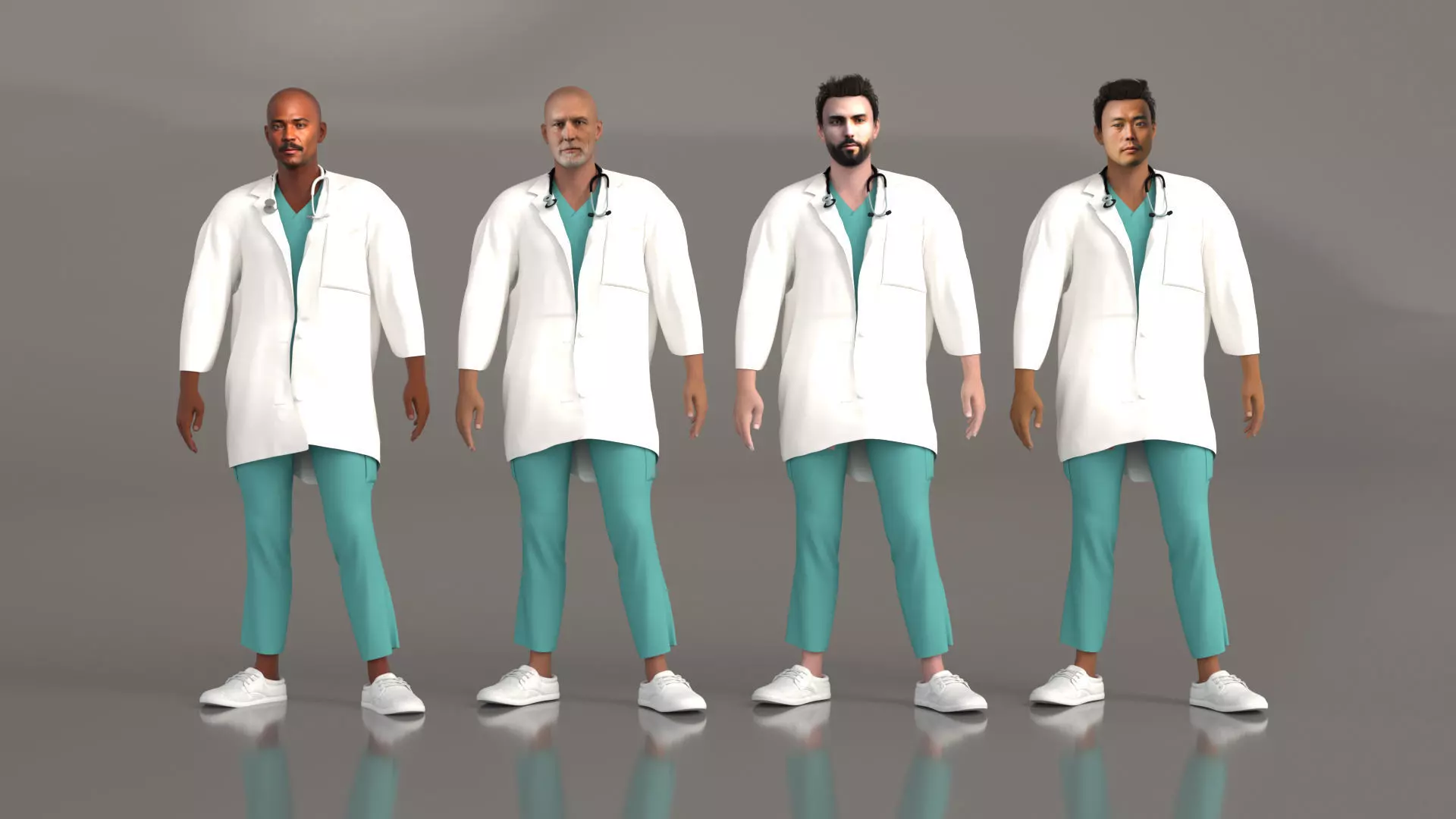 Multicultural Set of Four Doctors from 4 Different Ethnicities 3D model_0