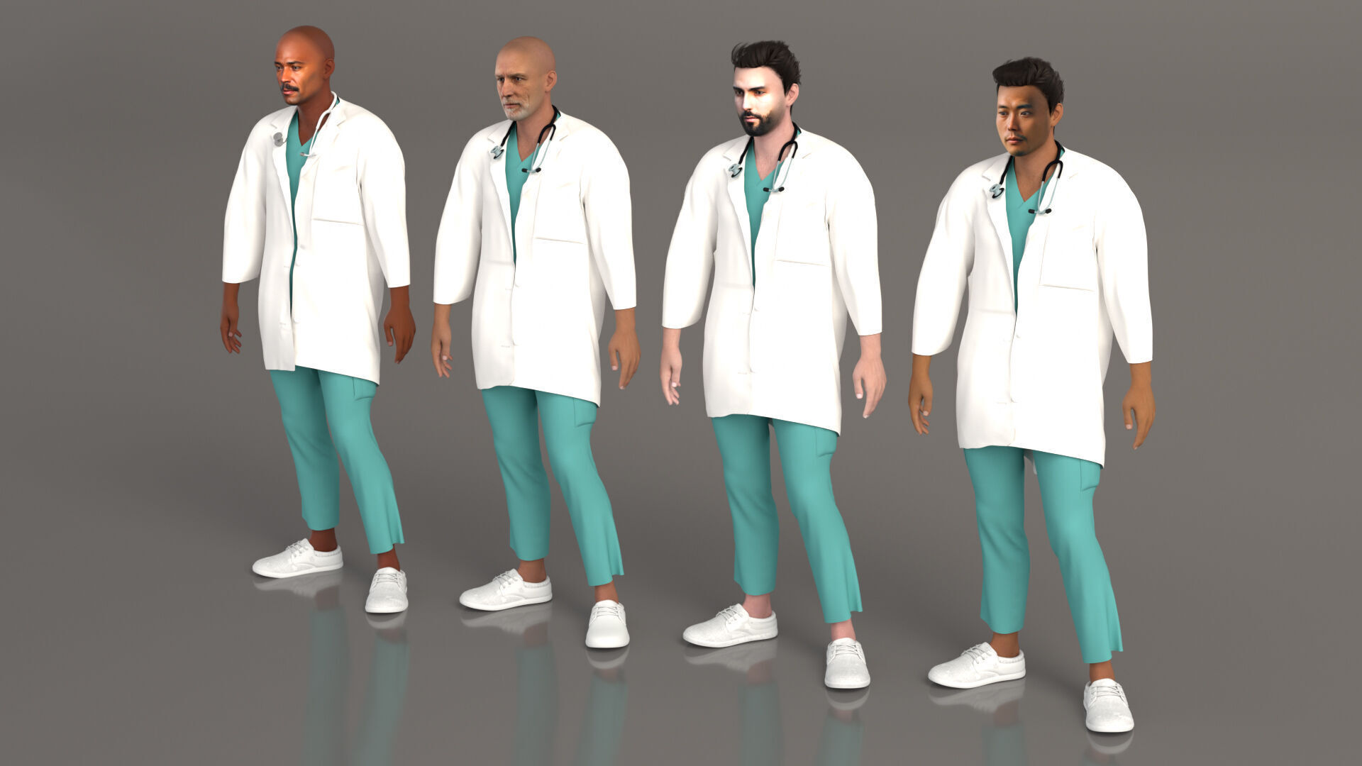 Multicultural Set of Four Doctors from 4 Different Ethnicities 3D model_35