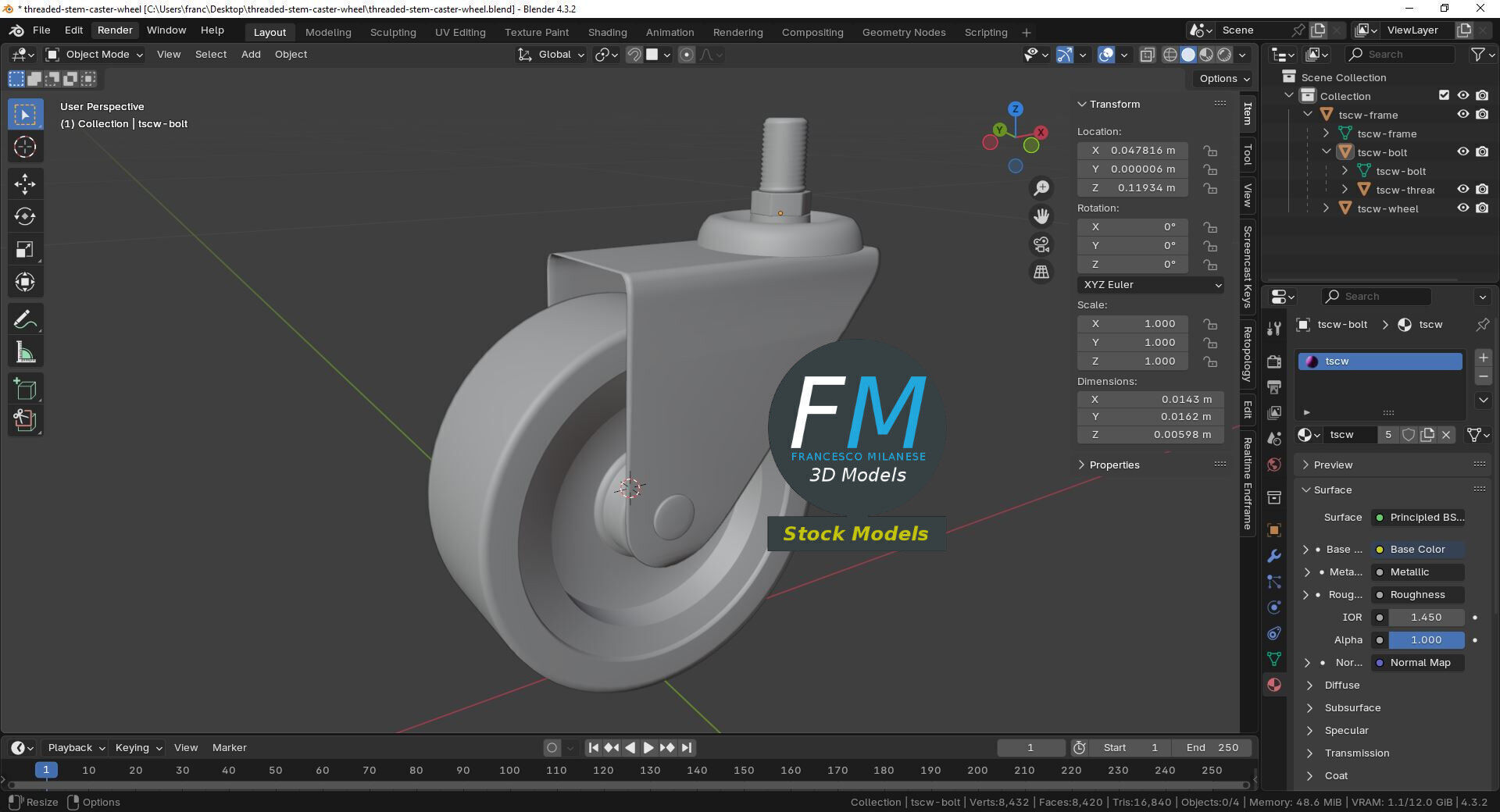 Threaded Stem Caster Wheel 3D model_9
