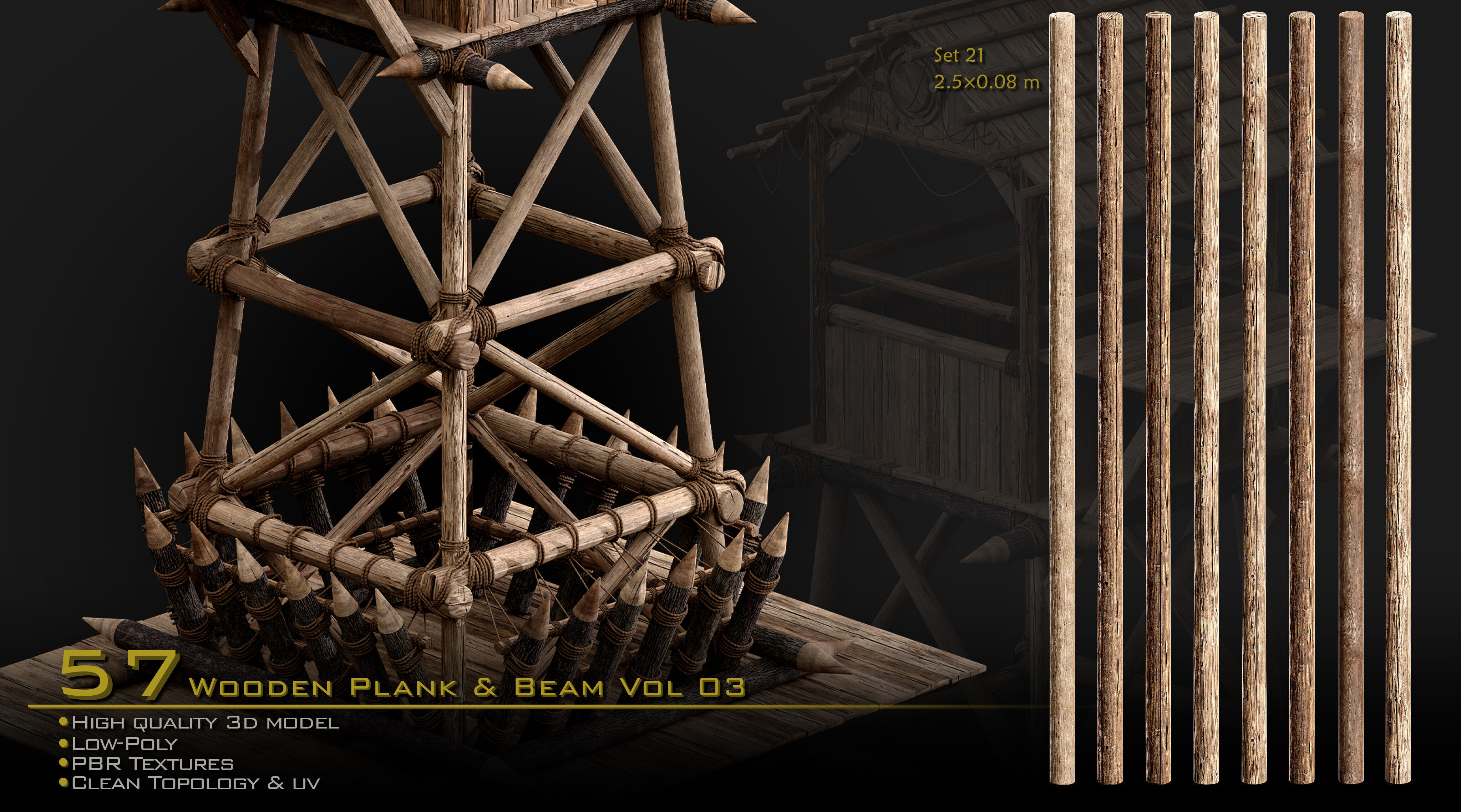 Wooden Plank and Beam Vol 03 Medieval 3D Asset Pack Low-poly 3D model_5