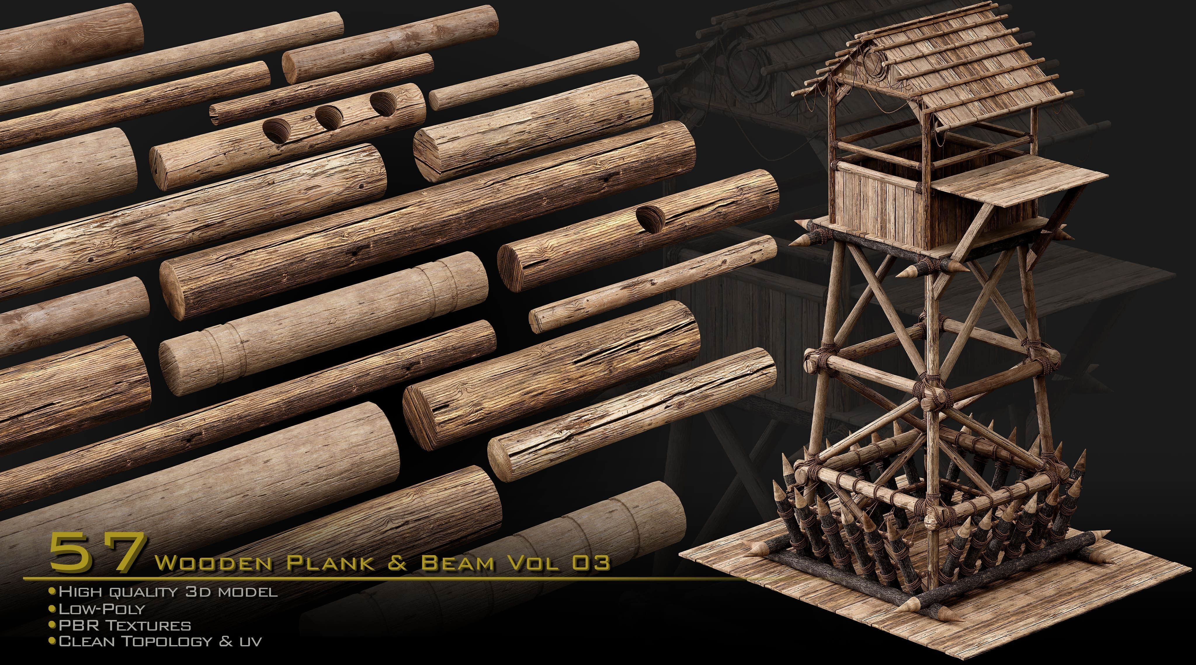 Wooden Plank and Beam Vol 03 Medieval 3D Asset Pack Low-poly 3D model_1