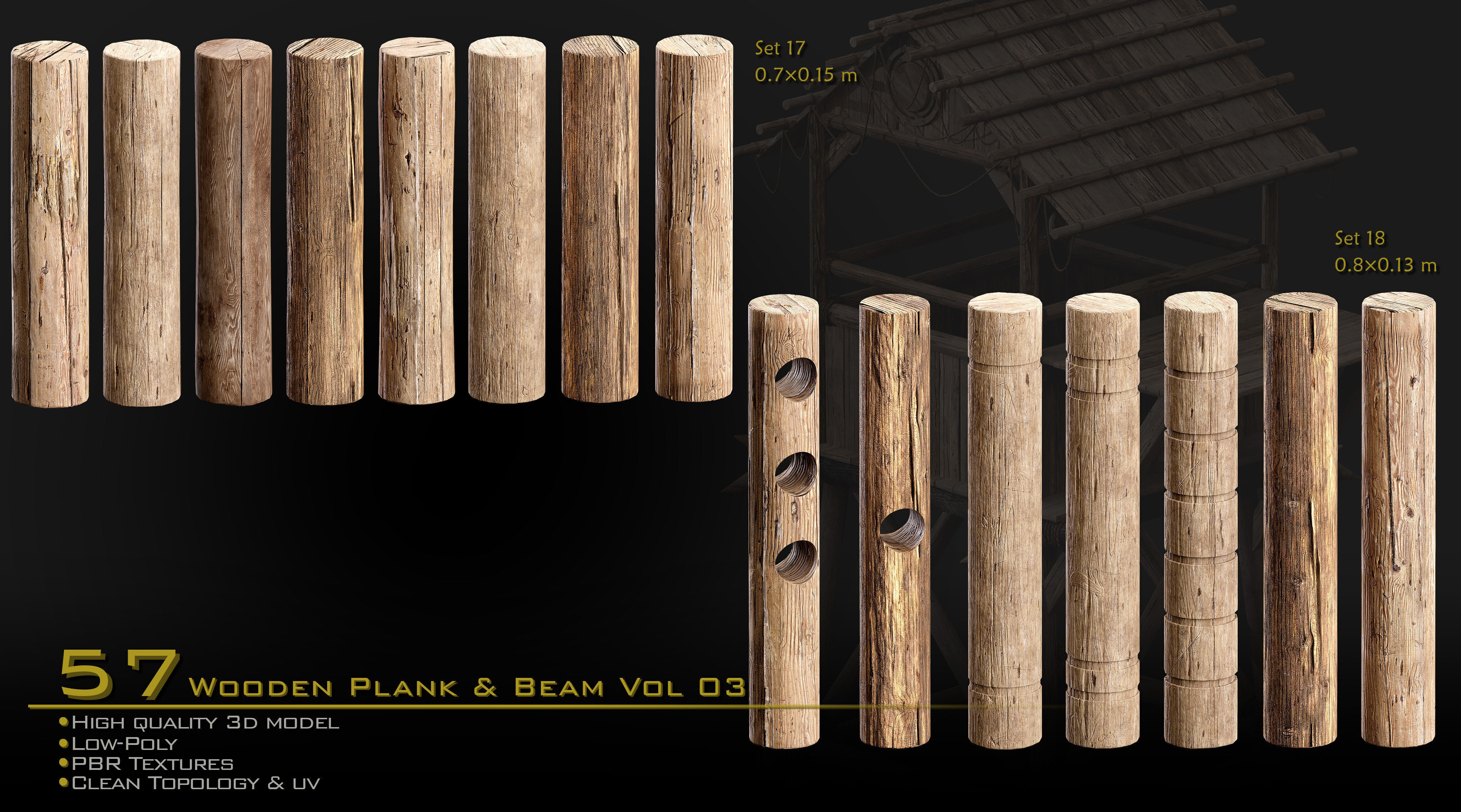 Wooden Plank and Beam Vol 03 Medieval 3D Asset Pack Low-poly 3D model_3