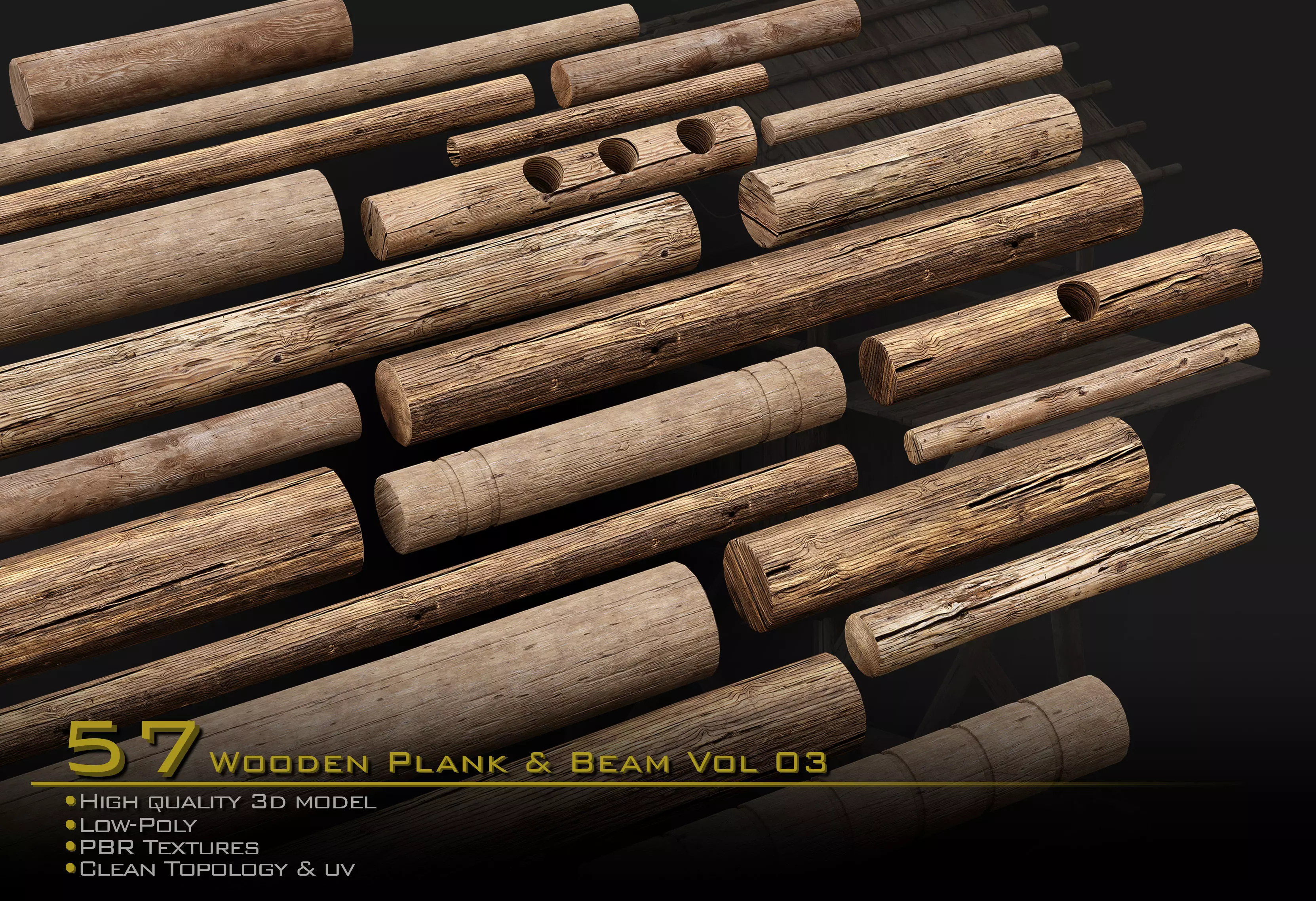 Wooden Plank and Beam Vol 03 Medieval 3D Asset Pack Low-poly 3D model_0