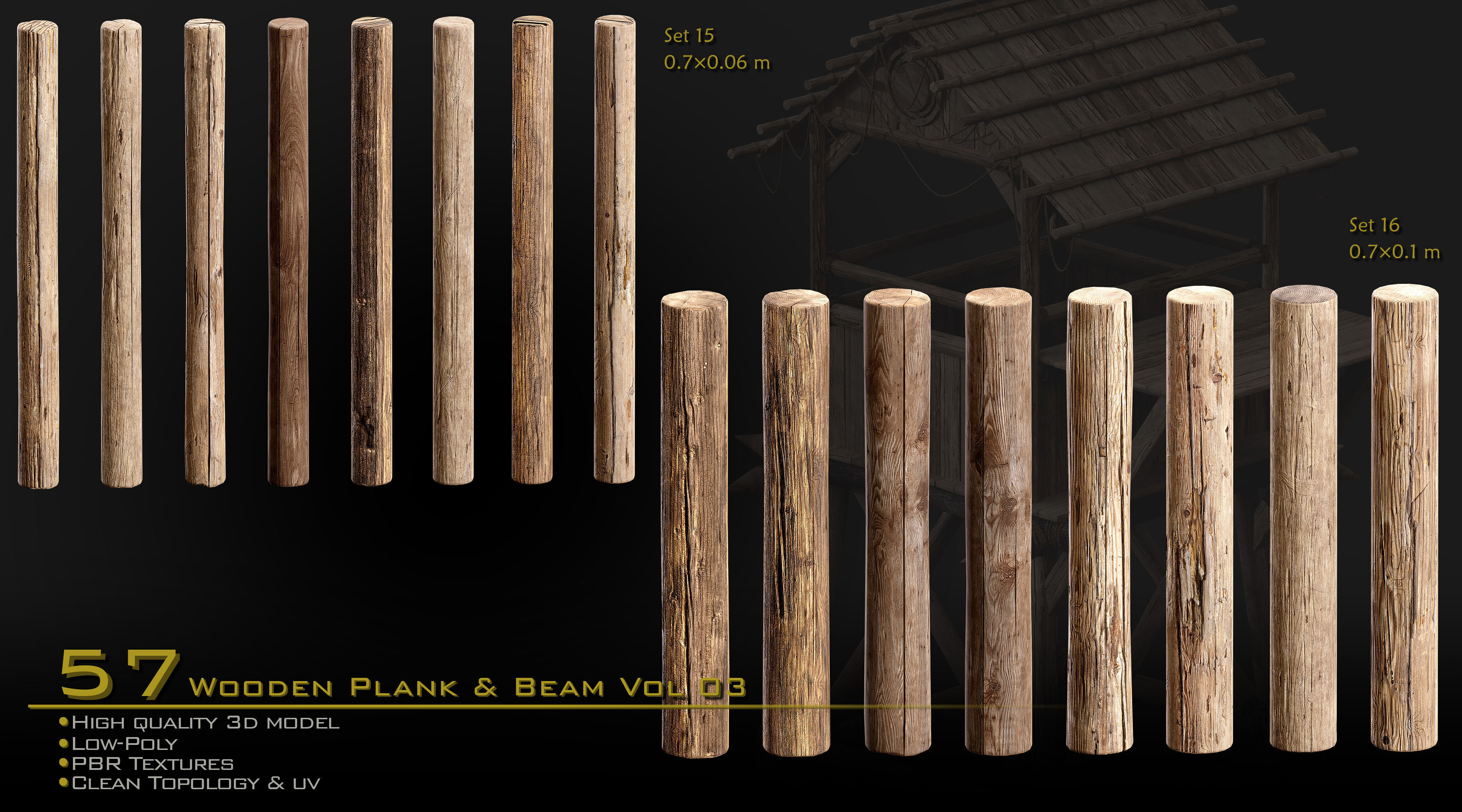 Wooden Plank and Beam Vol 03 Medieval 3D Asset Pack Low-poly 3D model_2
