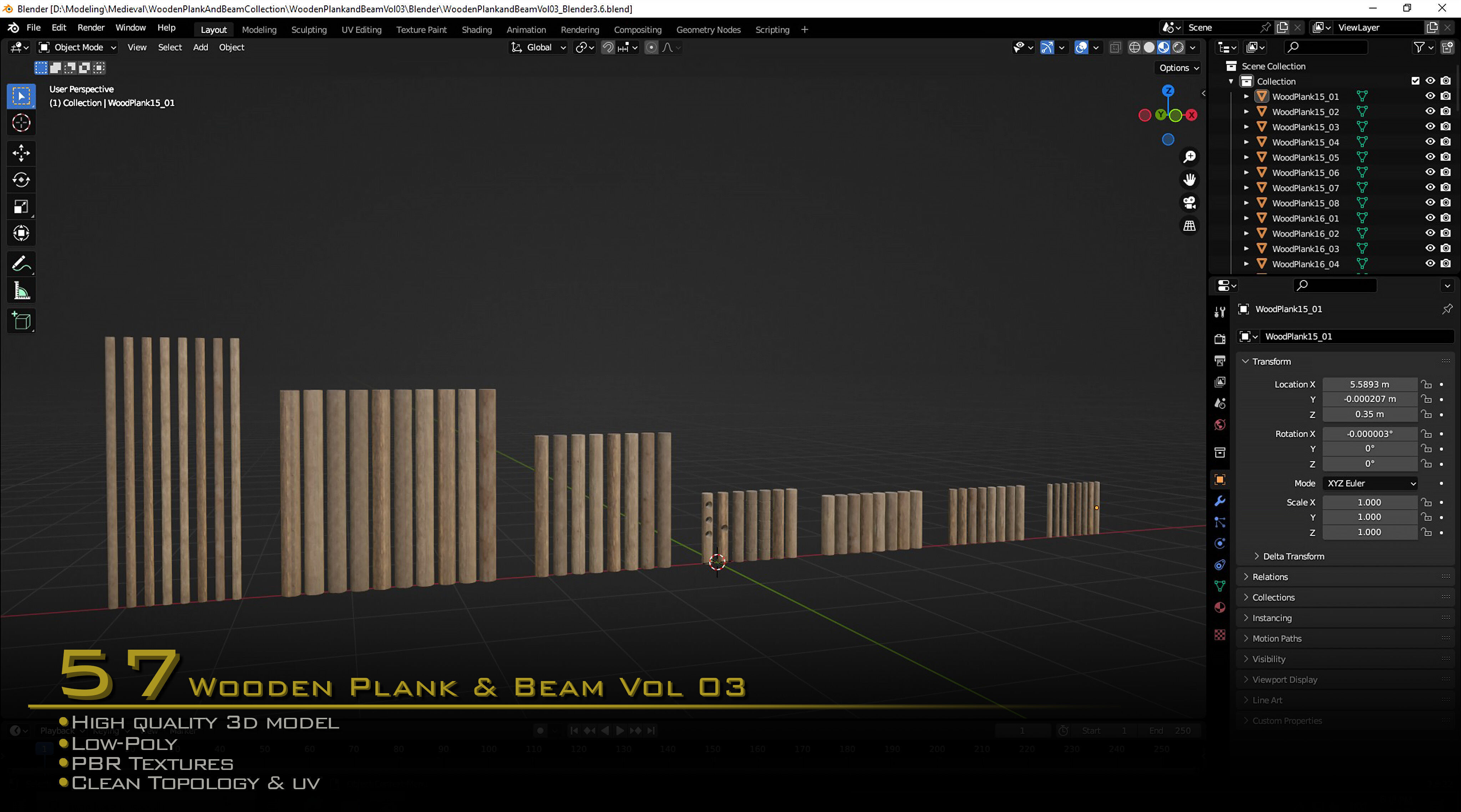 Wooden Plank and Beam Vol 03 Medieval 3D Asset Pack Low-poly 3D model_7