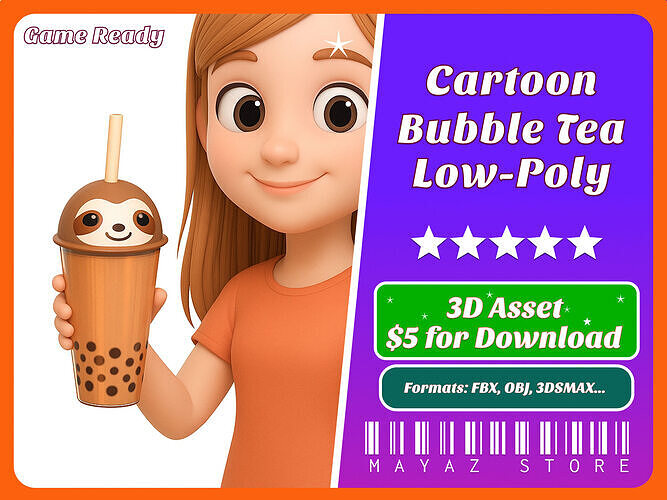 Low-Poly Sloth Bubble Tea Cute Low-poly 3D model