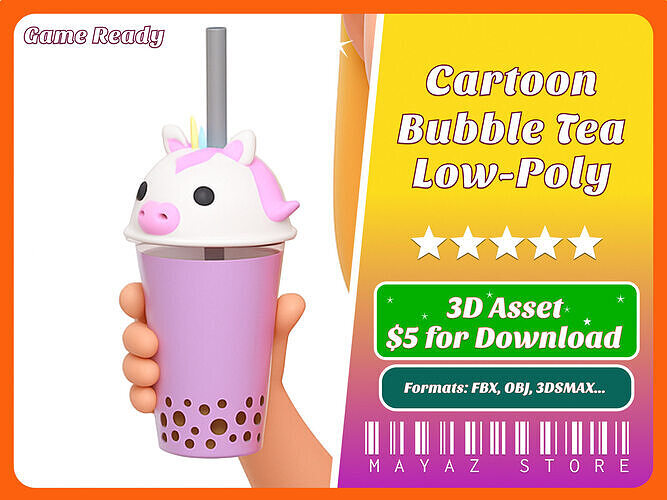 Low-Poly Unicorn Bubble Tea Cute Low-poly 3D model