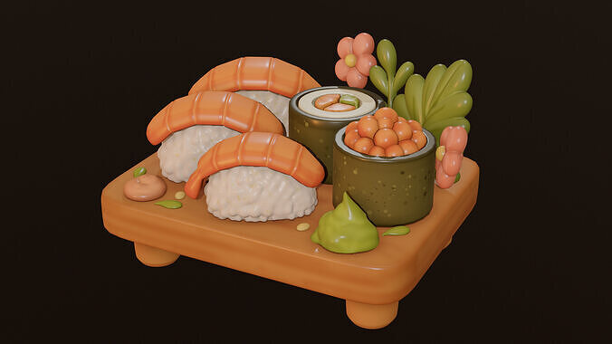 Stylized Sushi Set 3D Cartoon Food Model Low-poly 3D model 3