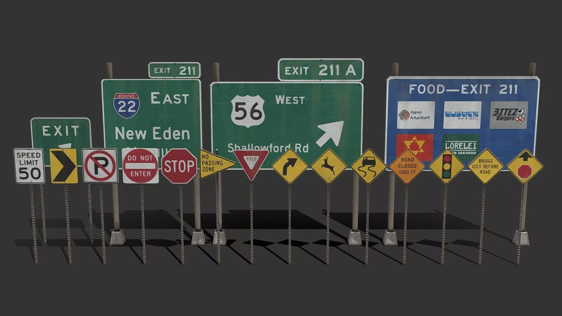 american road sign pack Low-poly 3D model_0