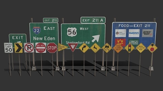 american road sign pack Low-poly 3D model