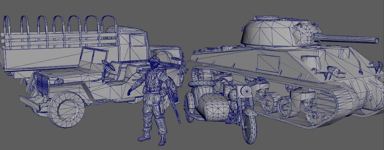 american wwii pack Tanks armored vehicles soldiers motorcycles Low-poly 3D model_6