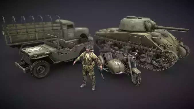 american wwii pack Tanks armored vehicles soldiers motorcycles Low-poly 3D model