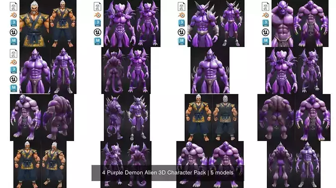 4 Purple Demon Alien 3D Character Pack