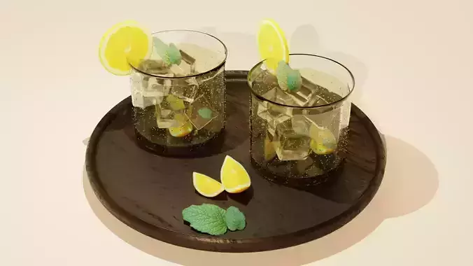 Realistic Lemon Soda Beverage with Mint and Wooden Tray 