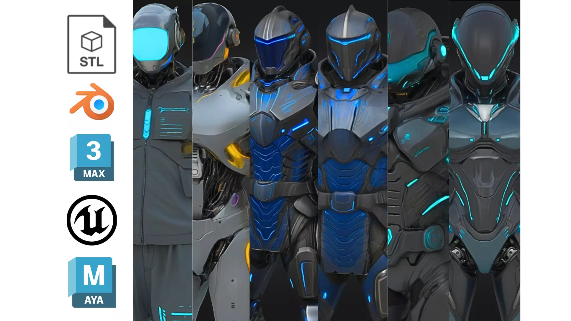 6 Futuristic Sci-Fi Cyborg Soldier Pack High-Tech Armor 3D Model Collection_0