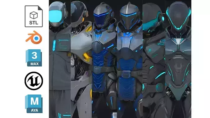6 Futuristic Sci-Fi Cyborg Soldier Pack High-Tech Armor 3D Model Collection